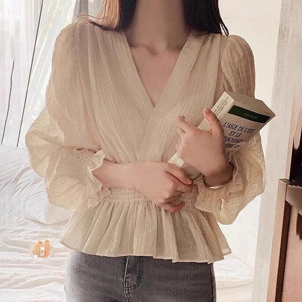 Vネックシアーシャツブラウス﻿ 6096-画像6-韓国ファッション通販POPREA［ポップリア］