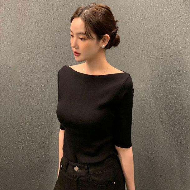 5分袖ボートネックニット 6000-画像6-韓国ファッション通販POPREA［ポップリア］