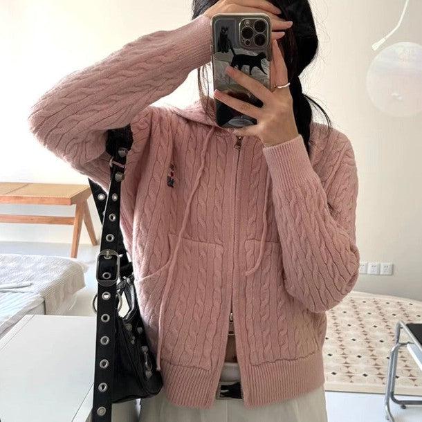 ポイントベアフード付きジッパーケーブルニット 6243-画像6-韓国ファッション通販POPREA［ポップリア］