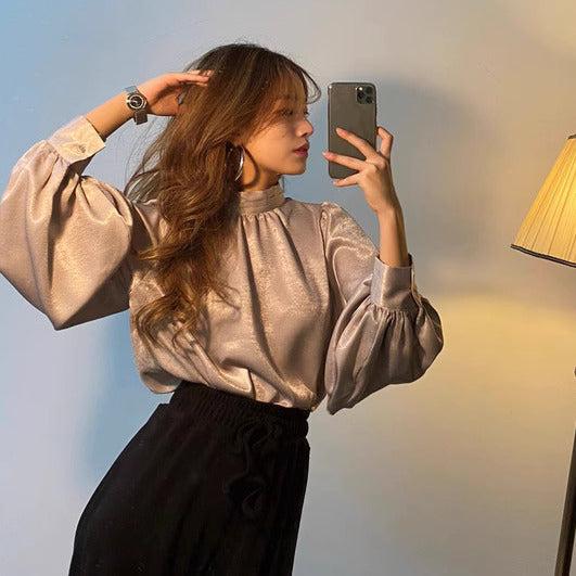 ハイネックバルーンスリーブサテンブラウス 6363-画像6-韓国ファッション通販POPREA［ポップリア］