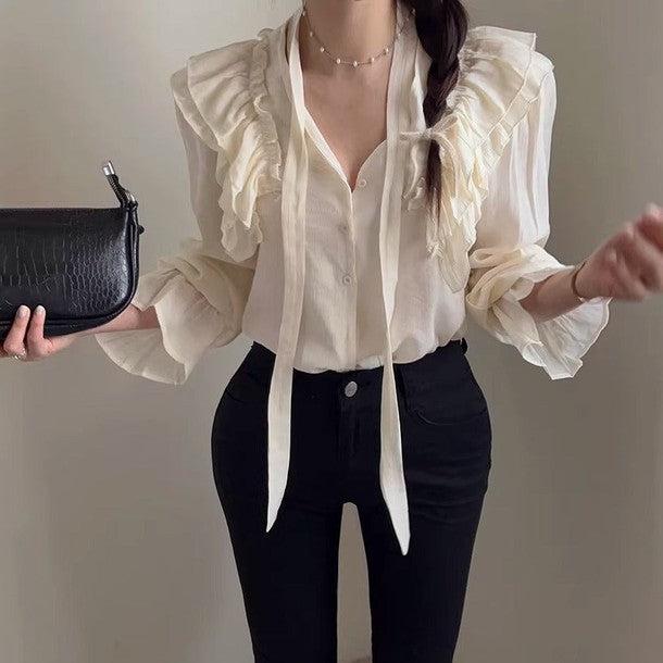 長袖Vネックフリルブラウス 6493-画像6-韓国ファッション通販POPREA［ポップリア］