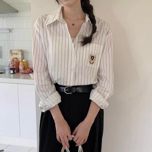エンブレム刺繍ストライプシャツ 6177-画像6-韓国ファッション通販POPREA［ポップリア］