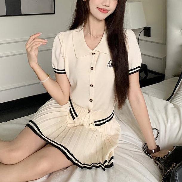 POLOニット＆ショートプリーツニットスカート﻿ 6109-画像6-韓国ファッション通販POPREA［ポップリア］