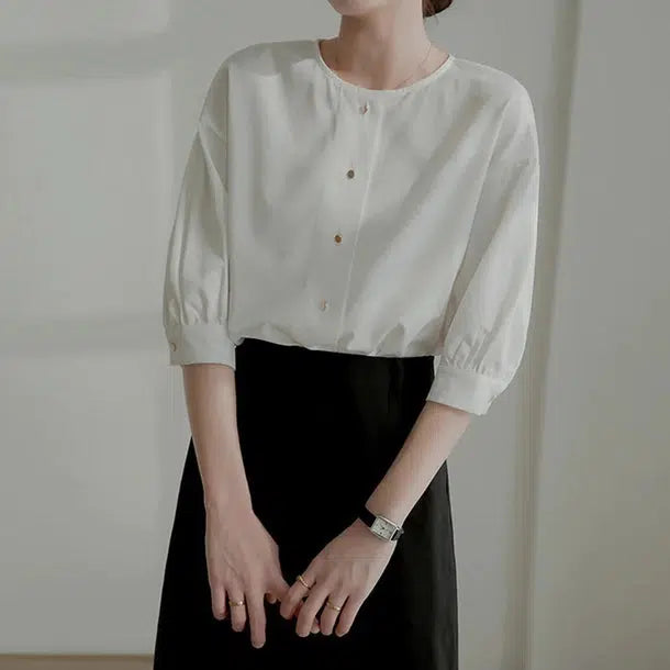 ゴールドボタン七分袖ブラウス﻿﻿ 6049-画像6-韓国ファッション通販POPREA［ポップリア］