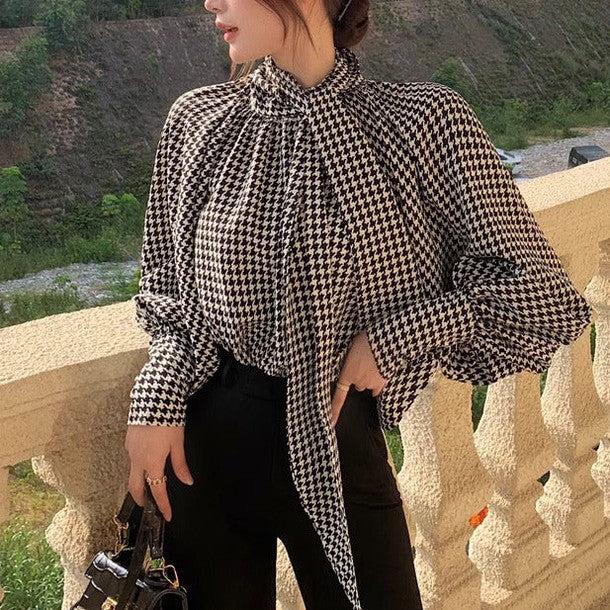 千鳥柄ボウタイブラウス 6292-画像6-韓国ファッション通販POPREA［ポップリア］