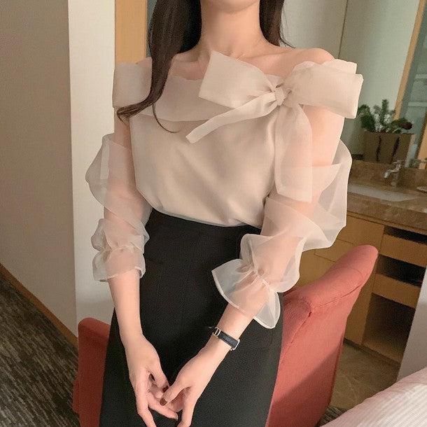 オフショルダーシアーブラウス 6452-画像6-韓国ファッション通販POPREA［ポップリア］