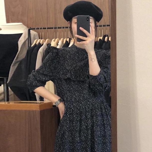 フラワーワンピース フレアフレンチ袖 ショート丈 韓国系 g2921 フラワー刺繍×ドットフレアスリーブシャーリングネック