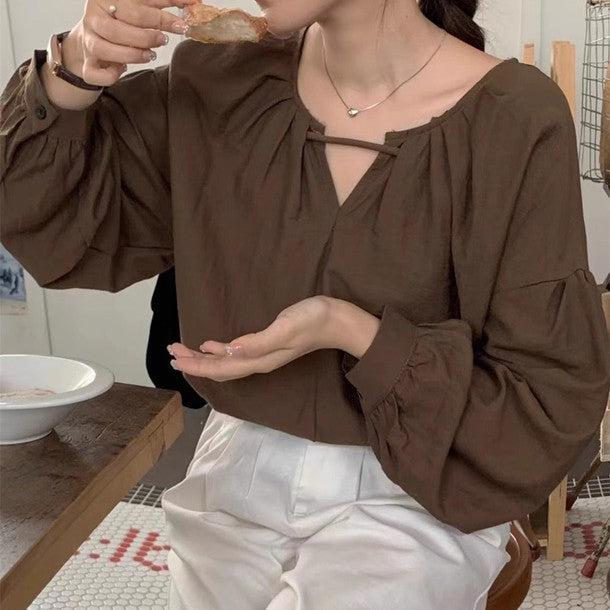 Vネックベーシック長袖ブラウス﻿ 6229-画像6-韓国ファッション通販POPREA［ポップリア］