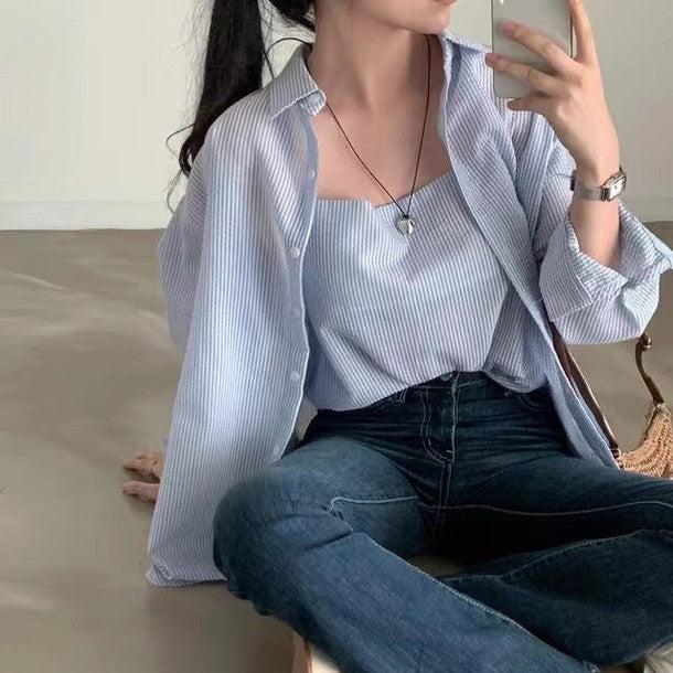 シアサッカーストライプルーズシャツ&キャミソール 6483-画像6-韓国ファッション通販POPREA［ポップリア］