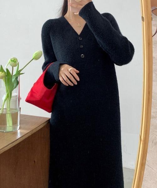 Vネックボタンリブニットワンピース 6334-画像6-韓国ファッション通販POPREA［ポップリア］