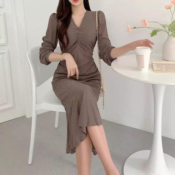 ギャザーVネックワンピース﻿﻿ 6517-画像6-韓国ファッション通販POPREA［ポップリア］