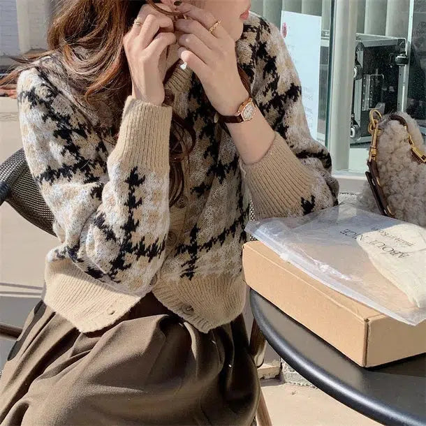 千鳥格子ショートカーディガン 6602-画像6-韓国ファッション通販POPREA［ポップリア］