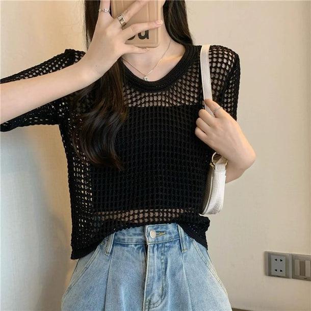 透かし編みクロップドサマーニット 6072-画像6-韓国ファッション通販POPREA［ポップリア］