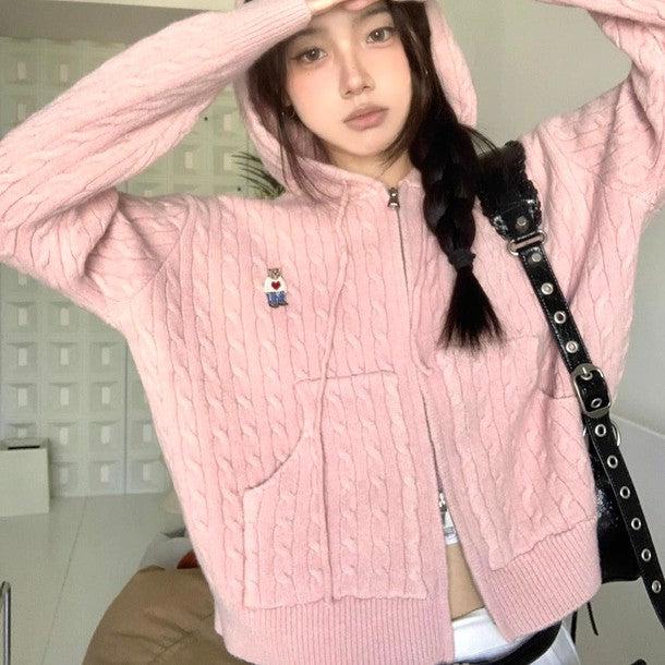 ポイントベアフード付きジッパーケーブルニット 6243-画像7-韓国ファッション通販POPREA［ポップリア］