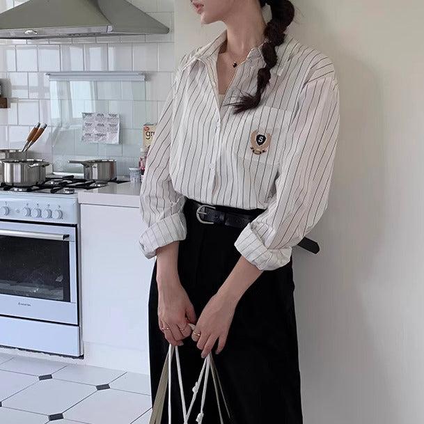 エンブレム刺繍ストライプシャツ 6177-画像7-韓国ファッション通販POPREA［ポップリア］