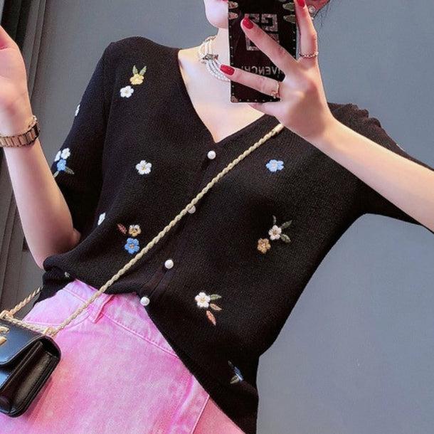 Vネック刺繍フラワーカーディガン 6142-画像7-韓国ファッション通販POPREA［ポップリア］