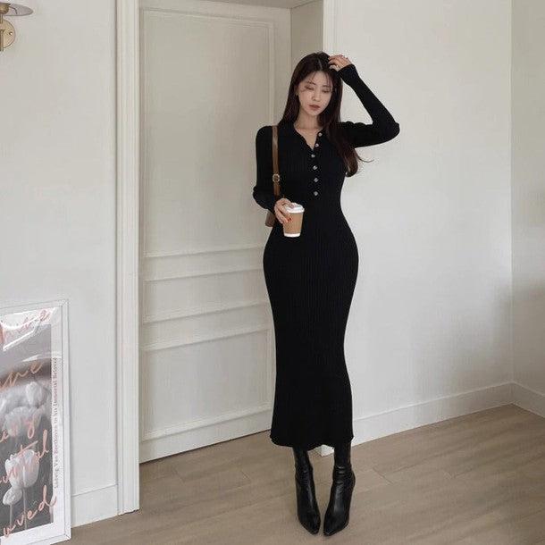 ハーフボタンタイトリブニットワンピース 6323-画像7-韓国ファッション通販POPREA［ポップリア］