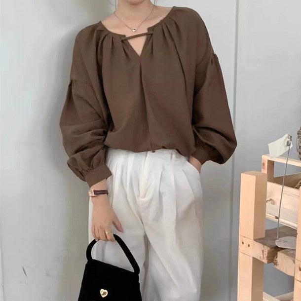 Vネックベーシック長袖ブラウス﻿ 6229-画像7-韓国ファッション通販POPREA［ポップリア］