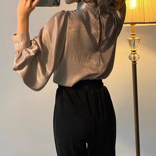 ハイネックバルーンスリーブサテンブラウス 6363-画像7-韓国ファッション通販POPREA［ポップリア］