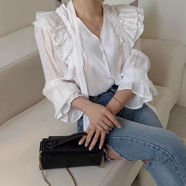 長袖Vネックフリルブラウス 6493-画像7-韓国ファッション通販POPREA［ポップリア］