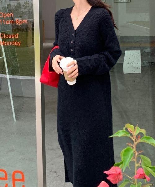 Vネックボタンリブニットワンピース 6334-画像7-韓国ファッション通販POPREA［ポップリア］