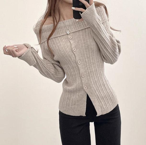 オフショルダーロングスリーブタイトリブニット﻿ 6152-画像7-韓国ファッション通販POPREA［ポップリア］