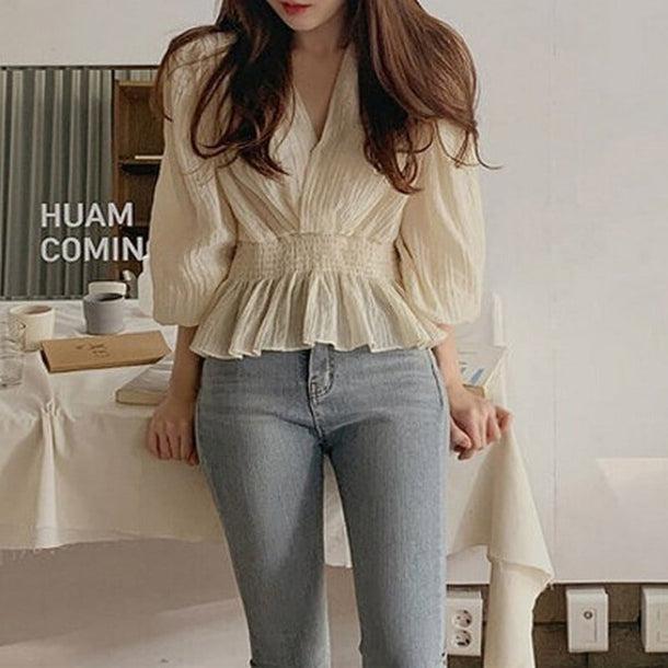 Vネックシアーシャツブラウス﻿ 6096-画像7-韓国ファッション通販POPREA［ポップリア］