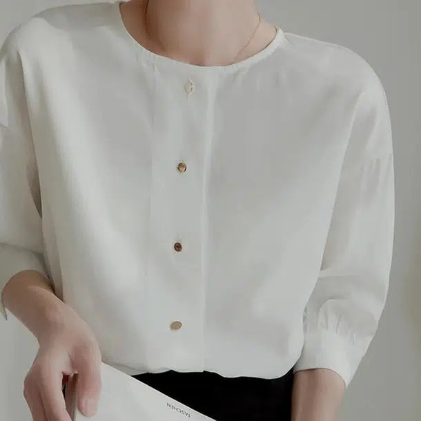 ゴールドボタン七分袖ブラウス﻿﻿ 6049-画像7-韓国ファッション通販POPREA［ポップリア］