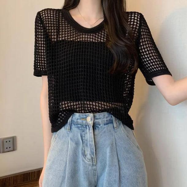 透かし編みクロップドサマーニット 6072-画像7-韓国ファッション通販POPREA［ポップリア］