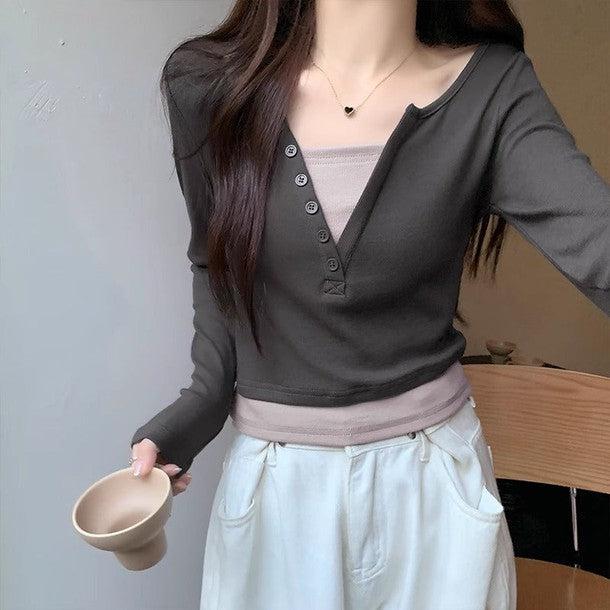 シンプルスリムクロップドロングスリーブTEE 6507-画像8-韓国ファッション通販POPREA［ポップリア］