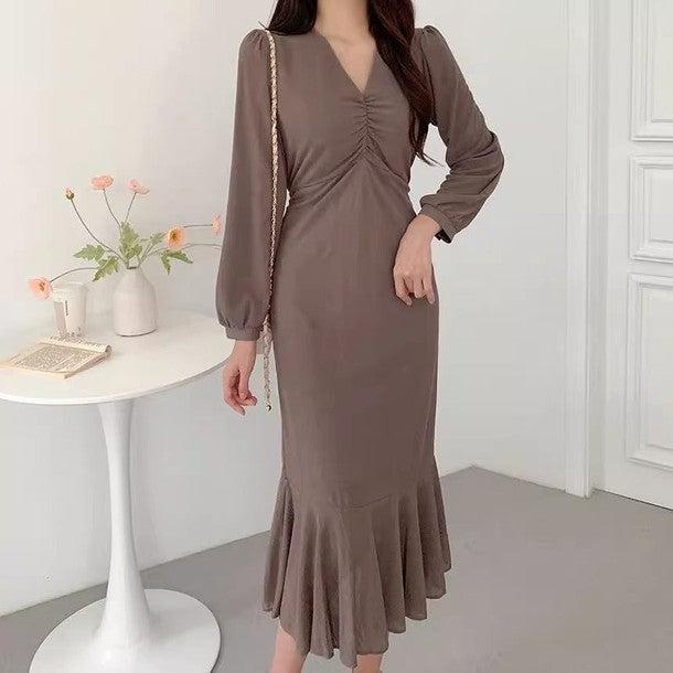 ギャザーVネックワンピース﻿﻿ 6517-画像8-韓国ファッション通販POPREA［ポップリア］