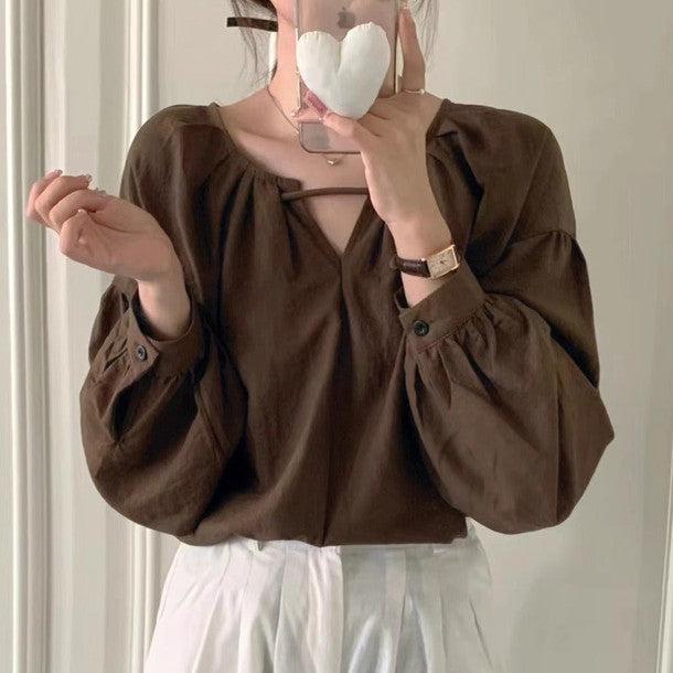 Vネックベーシック長袖ブラウス﻿ 6229-画像8-韓国ファッション通販POPREA［ポップリア］