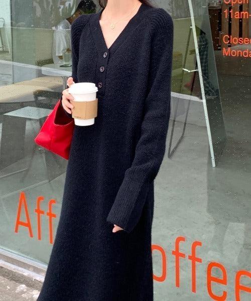 Vネックボタンリブニットワンピース 6334-画像8-韓国ファッション通販POPREA［ポップリア］