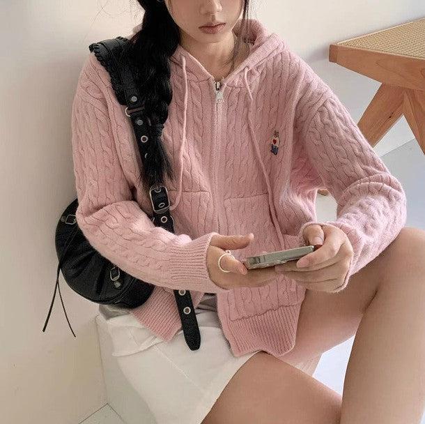 ポイントベアフード付きジッパーケーブルニット 6243-画像8-韓国ファッション通販POPREA［ポップリア］