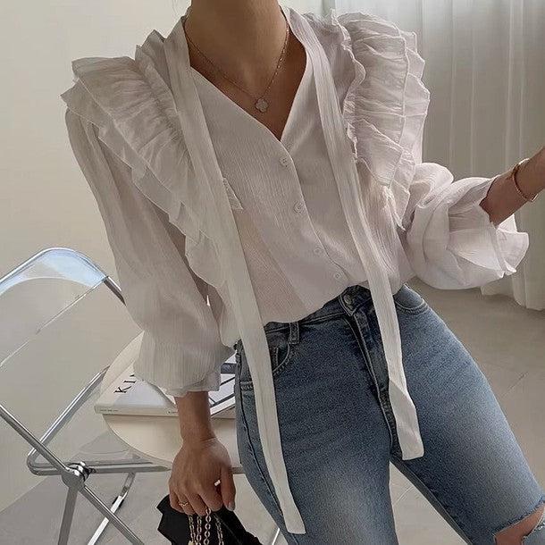 長袖Vネックフリルブラウス 6493-画像8-韓国ファッション通販POPREA［ポップリア］