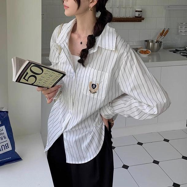 エンブレム刺繍ストライプシャツ 6177-画像8-韓国ファッション通販POPREA［ポップリア］