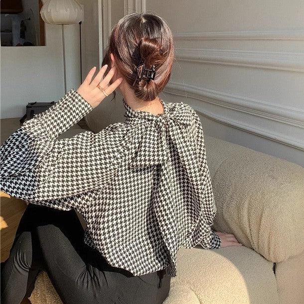 千鳥柄ボウタイブラウス 6292-画像8-韓国ファッション通販POPREA［ポップリア］