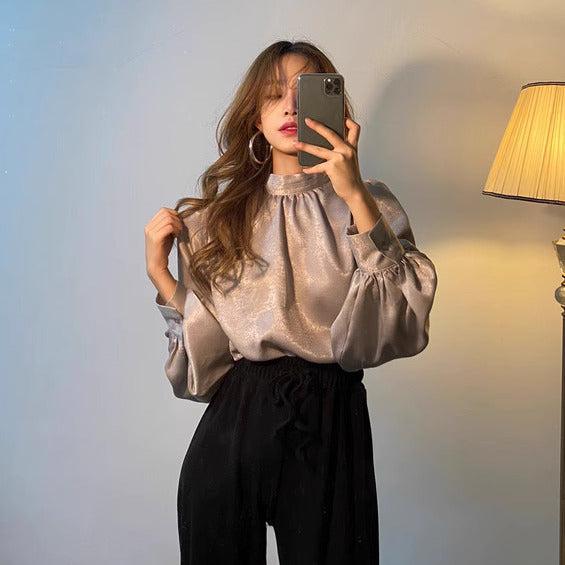 ハイネックバルーンスリーブサテンブラウス 6363-画像8-韓国ファッション通販POPREA［ポップリア］