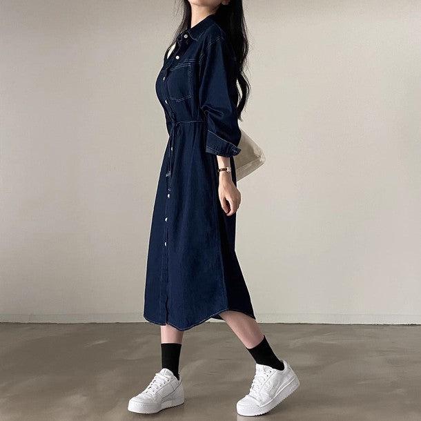 デニムリボンポケットロングワンピース 6472-画像9-韓国ファッション通販POPREA［ポップリア］