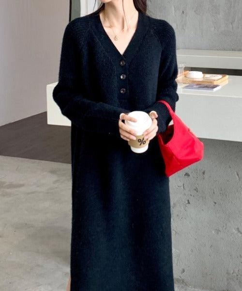 Vネックボタンリブニットワンピース 6334-画像9-韓国ファッション通販POPREA［ポップリア］