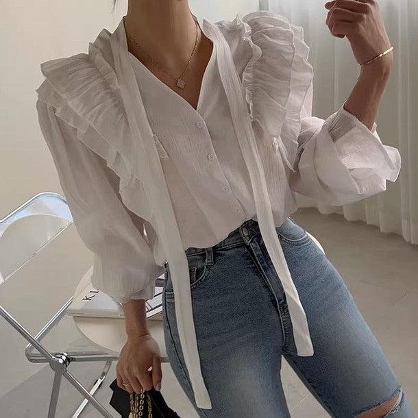 長袖Vネックフリルブラウス 6493-画像9-韓国ファッション通販POPREA［ポップリア］