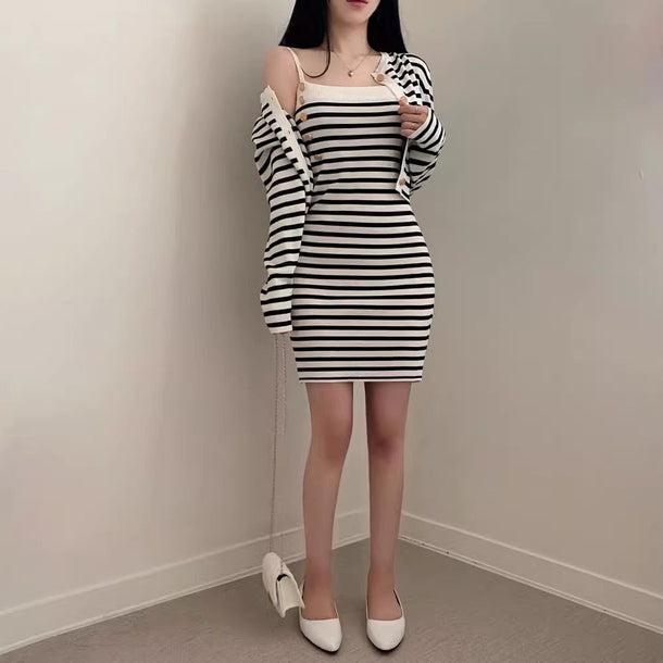 ボーダーキャミタイトワンピース＆カーディガン﻿ 6132-画像9-韓国ファッション通販POPREA［ポップリア］