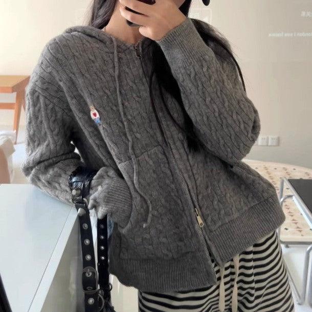 ポイントベアフード付きジッパーケーブルニット 6243-画像9-韓国ファッション通販POPREA［ポップリア］