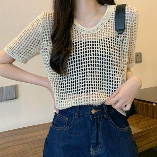 透かし編みクロップドサマーニット 6072-画像9-韓国ファッション通販POPREA［ポップリア］