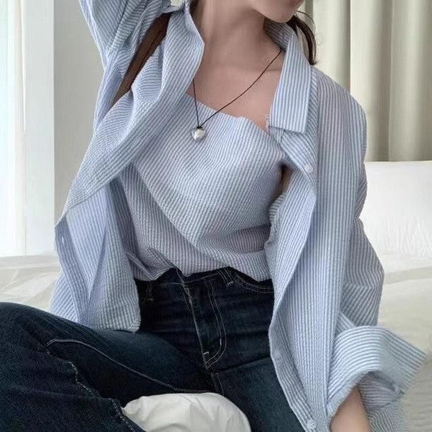 シアサッカーストライプルーズシャツ&キャミソール 6483-画像9-韓国ファッション通販POPREA［ポップリア］