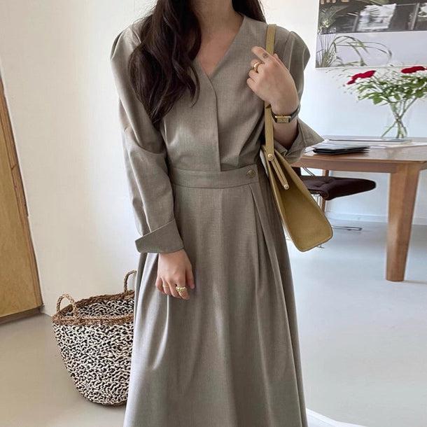 Vネックハイウエストワンピース﻿ 6149-画像1-韓国ファッション通販POPREA［ポップリア］