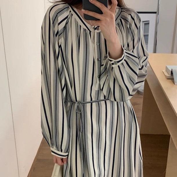 ラウンドネックストライプワンピース ﻿ 6532-画像1-韓国ファッション通販POPREA［ポップリア］