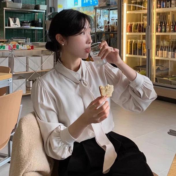 長袖ボウタイブラウス 6357-画像1-韓国ファッション通販POPREA［ポップリア］