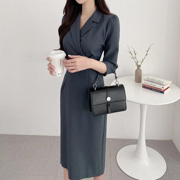 テーラードカラー7分袖ワンピース 6374-画像1-韓国ファッション通販POPREA［ポップリア］