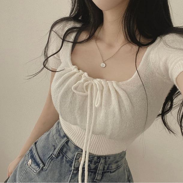 スクエアカラーリボンニット﻿ 6046-画像1-韓国ファッション通販POPREA［ポップリア］